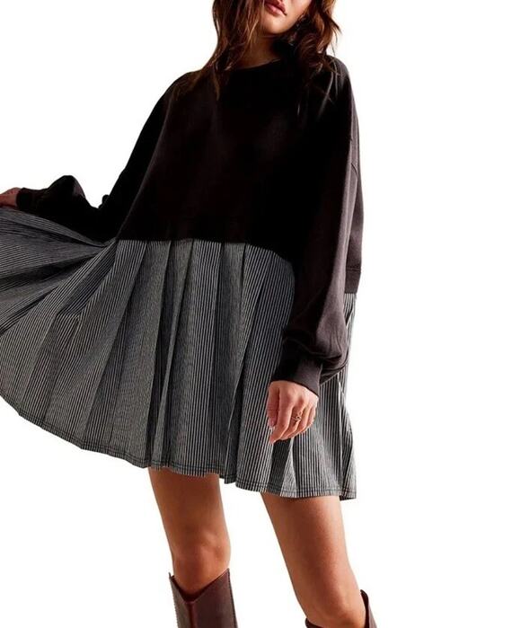 Free People Tops - Free People Eleanor Sweatshirt Tunic Dress Black Oversized Cotton Striped XL NEW